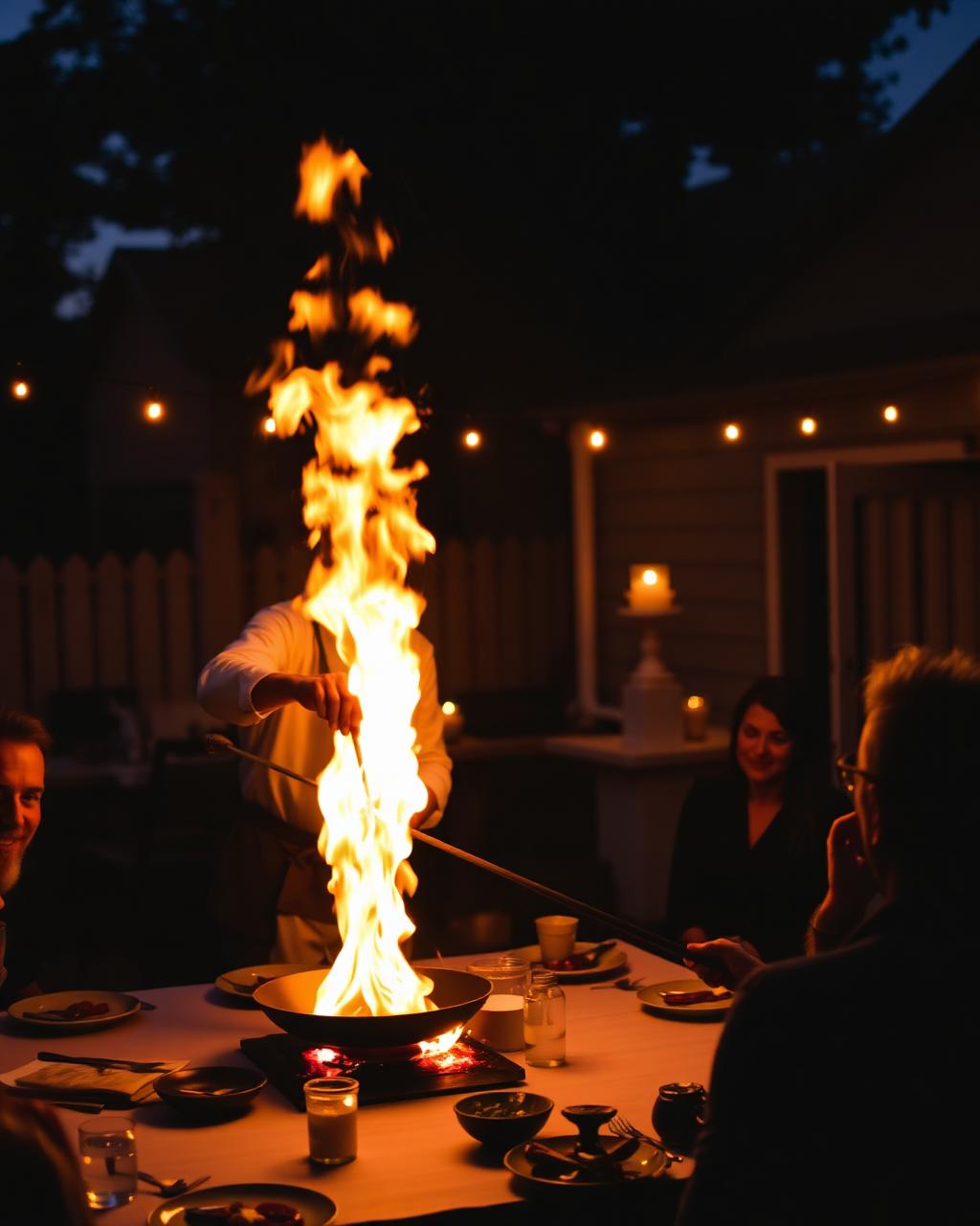 Hibachi chef sending up a tall flame at a backyard party table at night