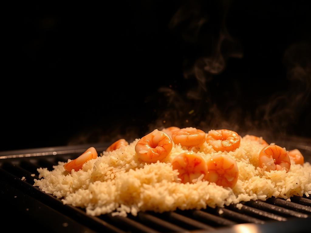 Shrimp and fried rice steaming on a hot hibachi griddle
