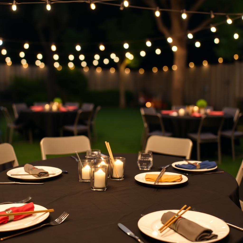 Outdoor dinner table set with black covers, plates, chopsticks and candles
