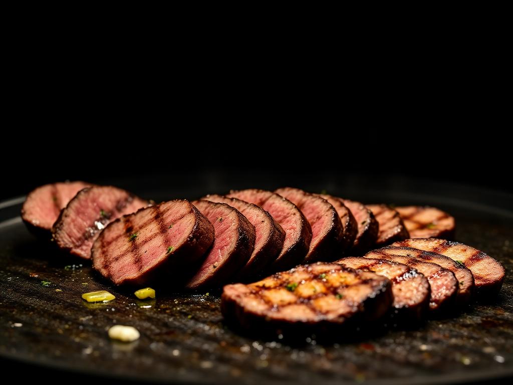 Sliced grilled filet mignon resting on the griddle
