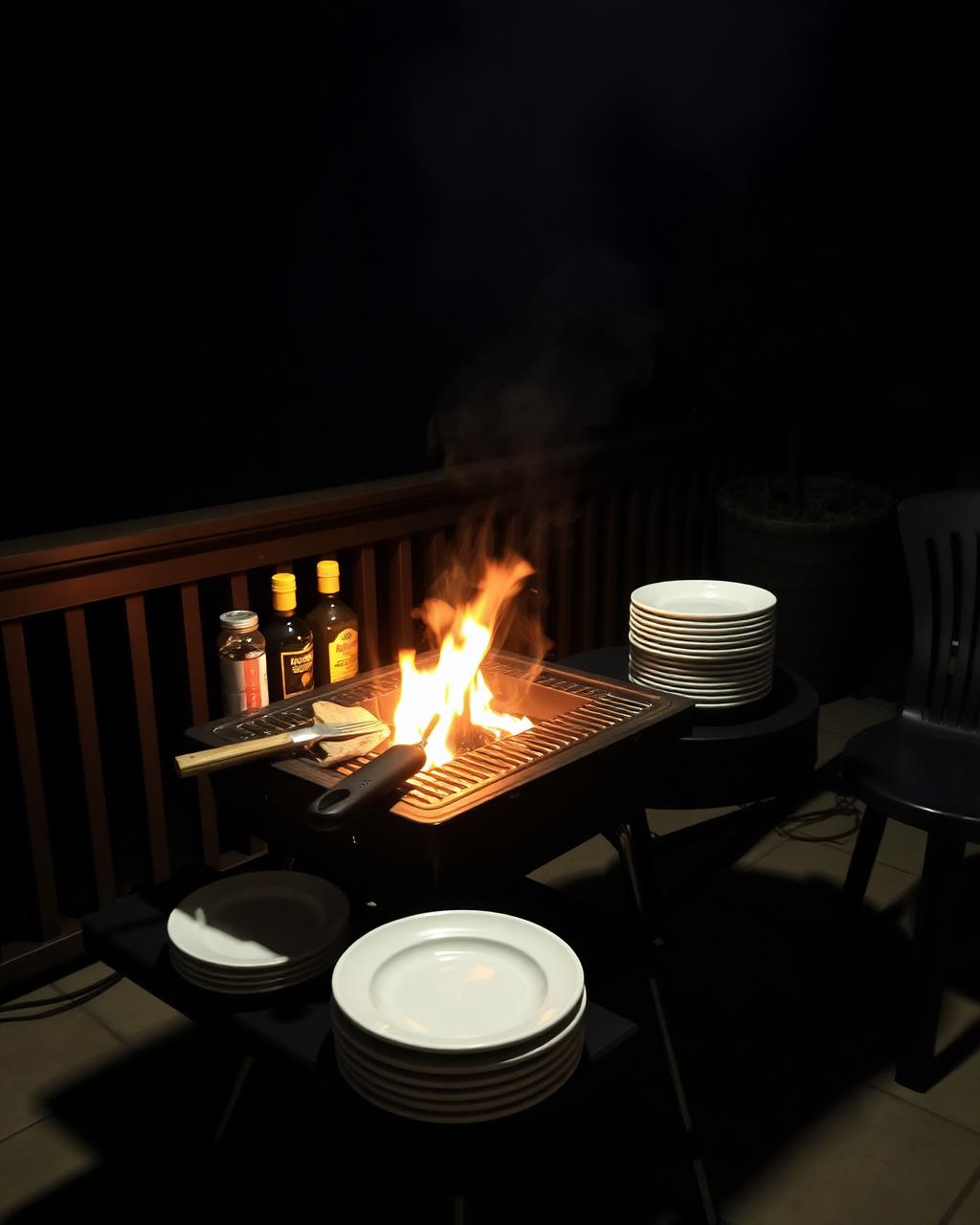 Portable hibachi grill set up on a patio with plates stacked beside it