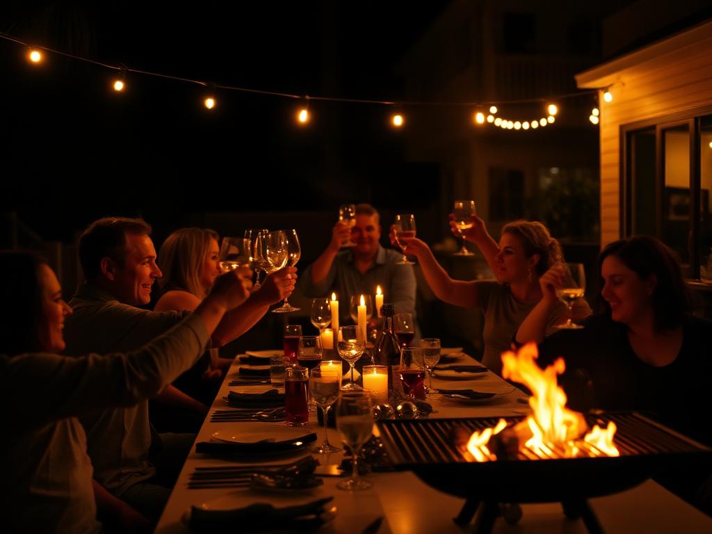 Guests raising glasses at a candlelit outdoor table beside the grill