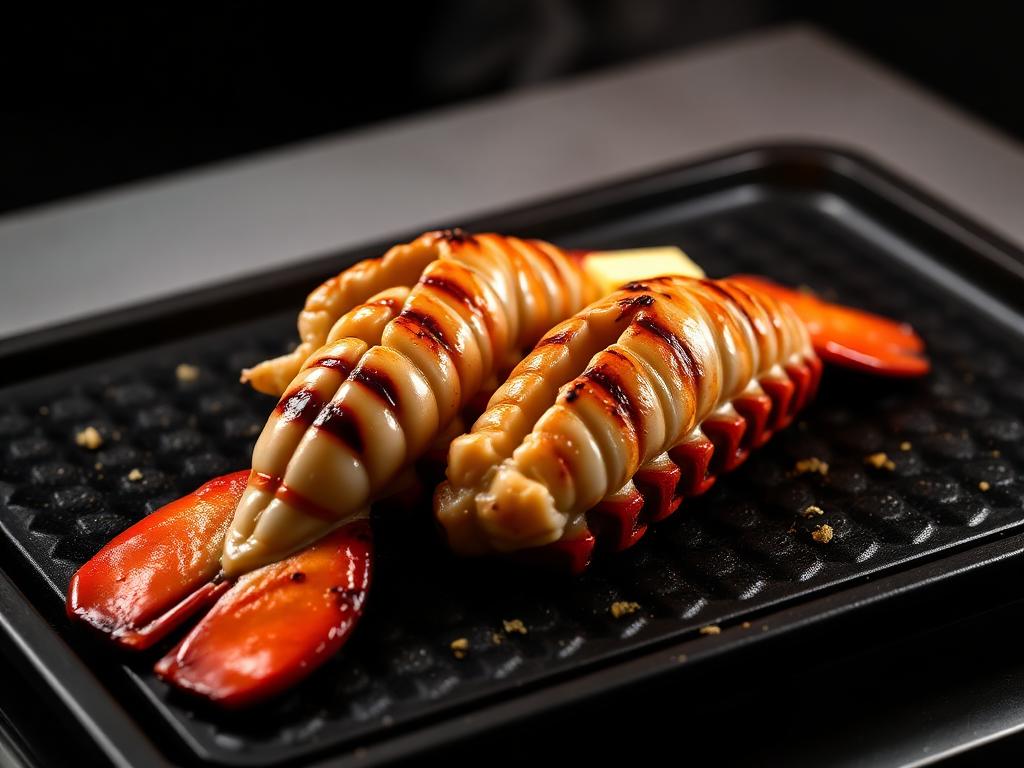 Two grilled twin lobster tails with butter on a hibachi griddle